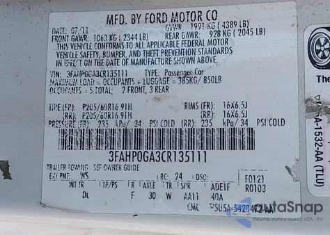 2012 Ford Fusion S из США, поврежденный, VIN 3FAHP0GA3CR135111